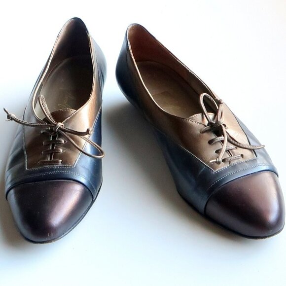 Amalfi Bronze & Grey Leather Cap Toe Low Wedge Heel Lace-up Shoes Size 7 - Picture 4 of 16